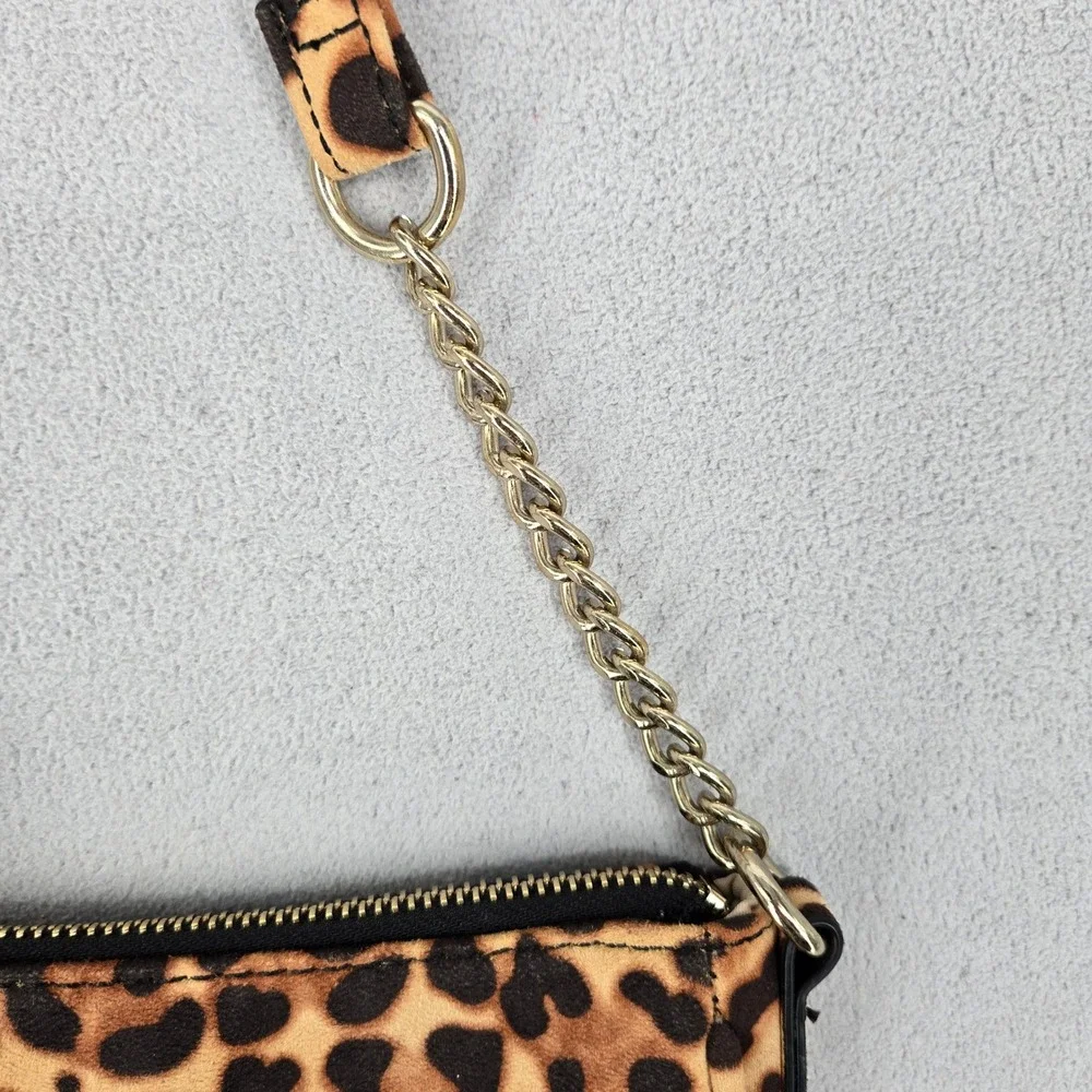 Leopard Print Faux Suede Feel Shoulder Bag Gold Chain Zip Y2K Style